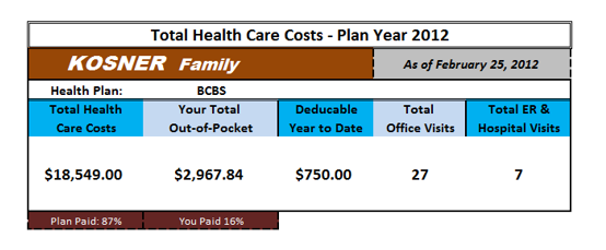 Picture of Dashboard showing total health care costs across the year 2012 for a family.  This is an example.